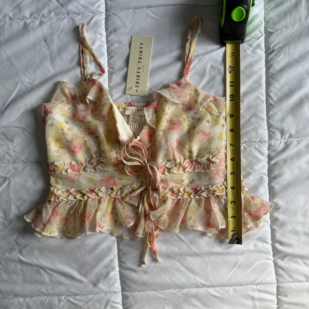 Coquette Floral Tie Front Ruffle Crop Top NWT Pink Yellow Small - Picture 6 of 9
